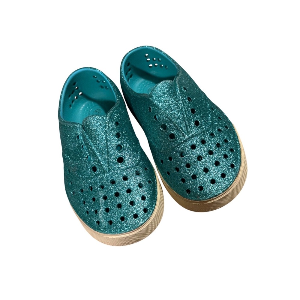 Native Jefferson Shoes Kids C10 Teal Blue Glitter‎ Slip On Sneakers Waterproof